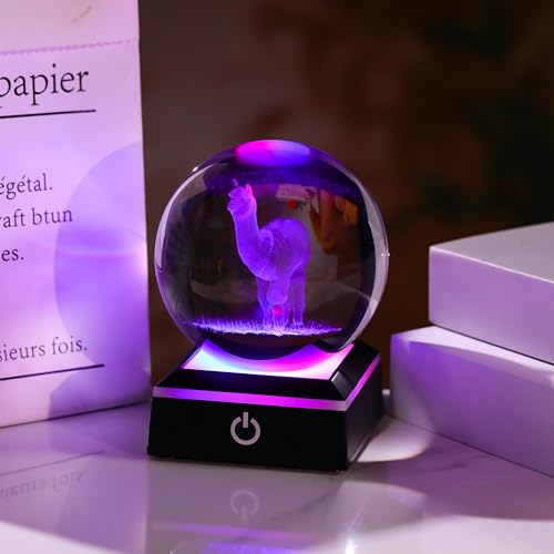 Llama Gifts for Women 3D Crystal Ball with 7-Color Changing Base - Llama Stuff Statue Home Decor - Glass Llama Figurine for Shelf Desk Office or Bedroom - style: Llama gifts