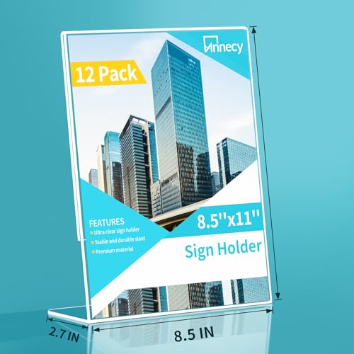 Annecy Sign Holder 8.5 x 11, 12 Pack, L Shape Plastic Clear Sign Stand for Display, Double-Sided, Slanted Back Design, Wide Use Plastic Material