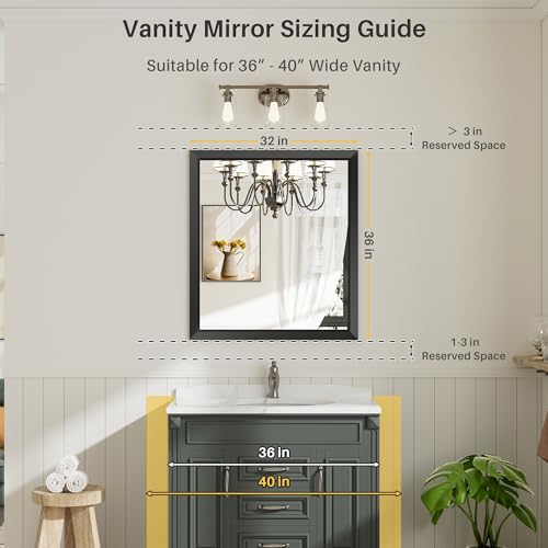 Briivue 36x32 Inch Black Bathroom Mirror for Wall, Thick Metal Framed Rectangle Mirrors for Over Sink, Bedroom, Living Room, Entryway, Anti-Rust, HD Tempered Glass - color: Black, size: 36"L x 32"W