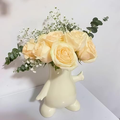 8 Inch Glossy Cute Ceramic Tulip Flower Vase for Building Block Flowers Bouquet, Beige Funky Living Room Flower Vase Decor, Unique Gifts for Men and Women, Jarrones Blancos para Flores