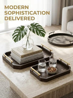 Luxury Decorative Wooden Serving Trays, Dark Brown Hexagonal Design with Gold Handles, 18x12 in/13.7x8.8 in, Modern Ottoman Tray Set of 2 for Coffee Table, Bar, Home Decor, Serving