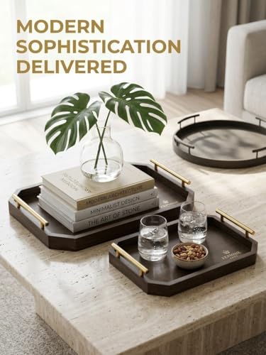 Luxury Decorative Wooden Serving Trays, Dark Brown Hexagonal Design with Gold Handles, 18x12 in/13.7x8.8 in, Modern Ottoman Tray Set of 2 for Coffee Table, Bar, Home Decor, Serving