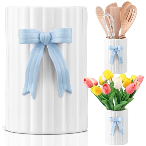 LemonRoad Blue Bow Ceramic Utensil Holder 3D Coquette Cooking Utensil Crock with Scalloped Mothers Day Kitchen Gifts Girly Aesthetic Storage Caddy Organizer Vase Decor for Kitchen Housewarming Gift - color: Blue, style: Bow
