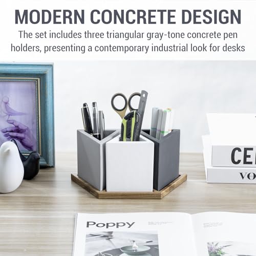 MyGift Modern Concrete Desk Organizer Set with 3 Triangular Gray-Tone Pen Holders and Acacia Wood Tray, 4-Piece Office Storage Solution for Pens, Pencils, and Supplies - color: Wood