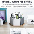 MyGift Modern Concrete Desk Organizer Set with 3 Triangular Gray-Tone Pen Holders and Acacia Wood Tray, 4-Piece Office Storage Solution for Pens, Pencils, and Supplies - color: Wood