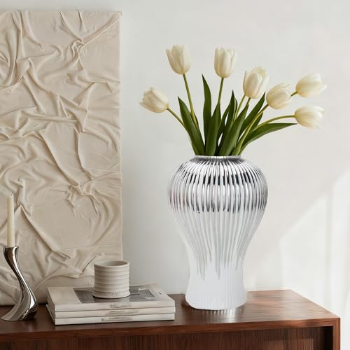 Ginger Jar, White Gold Ceramic Vase Large Handmade Porcelain Vases with Lid, White Gold Decorative Flower Vase for Home, Living Room, Weddings, Centerpieces (B-Silver-Large) - size: B-Silver-Large
