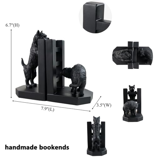 Decorative Bookends Cute Heavy Duty Book Ends, Dog and Cat Playing in The Fence Unique Modern Book Ends Stoppers Holders for Shelves Office, Black, Resin, 7.9" X 6.7"
