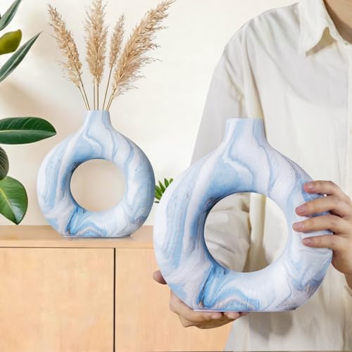 Blue Vases Set of 2, Ceramic Donut Vase for Home Decor, Hollow Modern Boho Centerpiece for Table Shelf Mantel, Unique Blue and White Ring Vases for Pampas Grass or Fresh Flowers - color: Blue Ocean