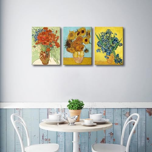 Wieco Art 3 Panels Canvas Prints of Vincent Van Gogh Paintings Reproduction Red Poppies and Daisies Sunflower Irises in Vase Canvas Wall Art for Living Room Home Office Decor - color: Flowers, size: 12 x 16 inches (Unframed)