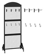CHOEZON Grid Wall Panel 5.7’ x 2’ FT Grid Display Rack, Movable Gridwall Display Stand with Wheels, Sturdy Floorstanding Wire Grid Rack with 4 S-Shaped Hooks and 4 Garment Hooks, Black TCJ17BB - color: Black