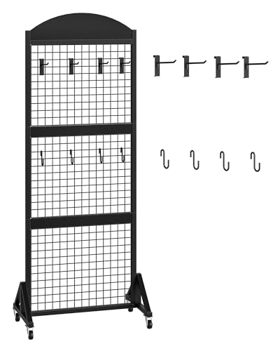 CHOEZON Grid Wall Panel 5.7’ x 2’ FT Grid Display Rack, Movable Gridwall Display Stand with Wheels, Sturdy Floorstanding Wire Grid Rack with 4 S-Shaped Hooks and 4 Garment Hooks, Black TCJ17BB - color: Black