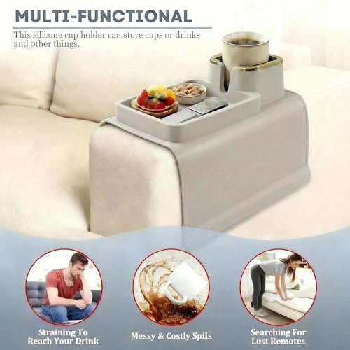 Luxury Gold Trim Couch Cup Holder Tray - Weighted Silicone Anti-Spill Sofa Armrest Organizer, Non-Slip Recliner Tray Table for Drinks, Remote, Phone - Fits Most Couch Arms, Home Gift (Beige Grey) - color: Beige Grey