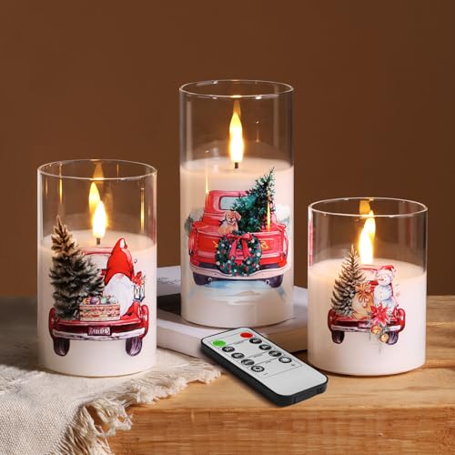 Eywamage Christmas Glass Flameless Candles with Remote, Flickering LED Pillar Candles Holiday Table Decor Gift Set of 3 - color: Red Truck