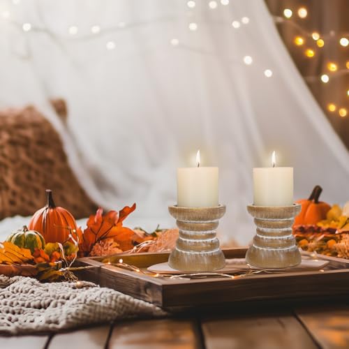 Candle Holder for Pillar Candle Set of 2, Farmhouse Wood Candle Holder, Rustic Wooden Candle Stand, Vintage Small Wooden Candlestick Holders for Living Room, Table Centerpiece, Brown - color: Washedbrown, size: Set of 2