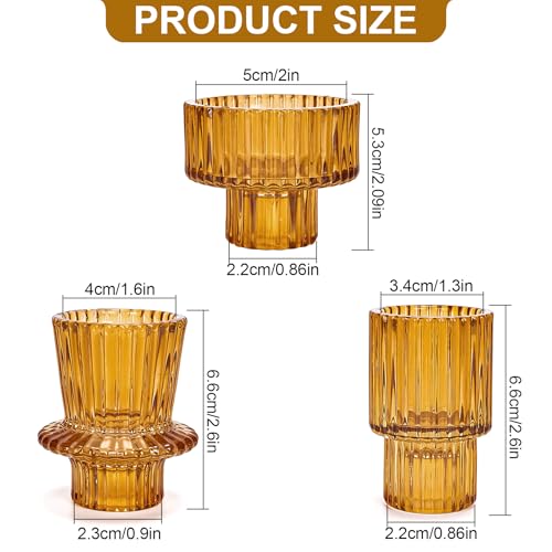 Candlestick Holders Set of 6, Ribbed Glass Taper Candle Holders, Reversible Amber Tealight & Candle Stick Candle Holder Vintage Crystal Tapered Candlestick for Wedding Dinner Party Festival - color: Amber