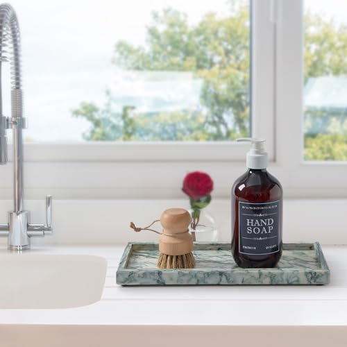 Natural Marble Vanity Tray, Luxury Stone Organizer for Bathroom & Kitchen Counter | Holds Soap Dispenser, Jewelry, Perfume | Non-Resin, Non-Ceramic Décor - color: Cyan-green, size: 11.8" x 5.1" x 0.8"