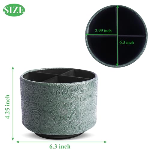 lizimandu Round Leather Art Supply Organizer,Remote Control Holder,360 Degree Spinning,Multi-Functional Pencil Holder,4 Compartments Desktop Stationary Organizer(1-Carved Cooper Green) - color: 1-Carved Cooper Green