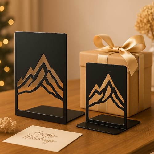 Metal Bookends for Shelves, Mountain Line Art Design, Heavy Duty Decorative Book Ends for Home Office, Black Iron Book Holder with Anti-Slip Base, Gift for Readers & Nature Lovers (1 Pair) - color: Black Sm