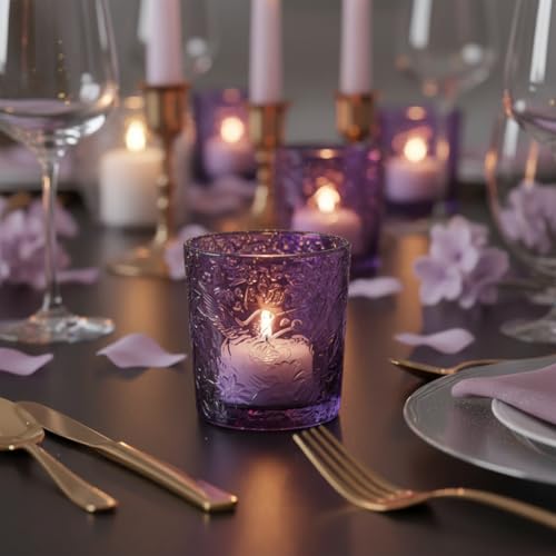 12 Pack Hummingbird Embossed Glass Candle Holders – Votive Tealight Holders with Patent Design, Decorative Embossed Glass Cups for Wedding Centerpieces, Parties, and Home Décor (Amethyst Bloom) - color: Amethyst Bloom