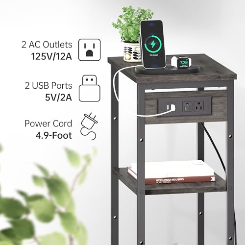 Asgolion Tall End Table with Charging Station, 3 Tier Narrow Beside Table with Adjustable Shelf, Tall Gray Side Table Nightstand for Bedroom, Living Room Coffe Table, Office, Charcoal Grey - color: Charcoal Grey, style: With Outlet