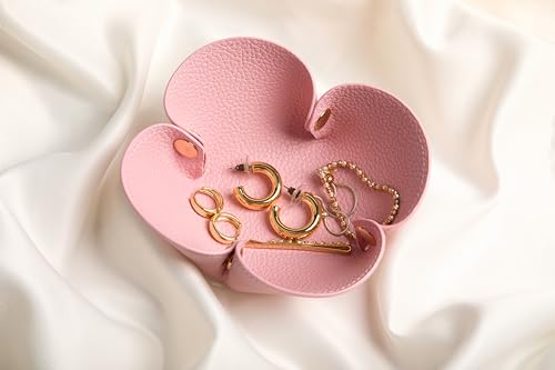Cute Flower Shaped Leather Valet Tray,Premium Catchall Tray, Jewelry Tray 5.5'' Folding Portable Travel Oganizer,Decorative Desk Organizer For Key,Wallet,Watch,Coin,Jewelry (Baby Pink) - color: Baby Pink
