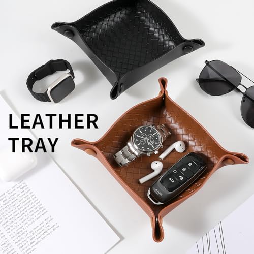 KINIVA PU Leather Jewelry Valet Tray for Men Women,Small Key Bowl for Entryway Table,Portable Travel Catchall Dice Tray (Square-Brown-2pcs) - style: Square-Brown-2pcs