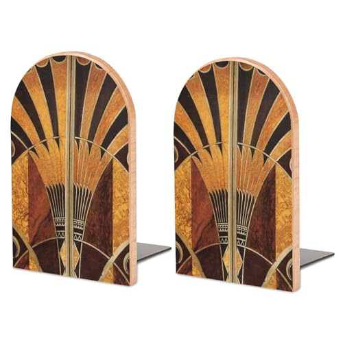 Wooden Bookends 2 Pcs,Art Nouveau Vintage Heavy Duty Office Book Ends Anti Slip Book Shelf Holder with Metal Base Decorative Book Stands - color: Art Nouveau Vintage