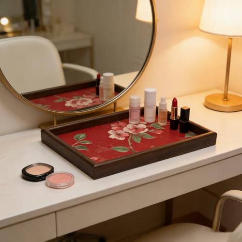 Wooden Valet Tray with Floral Base, EDC Catch All Tray Nightstand Entryway Table Vanity Organizer 11.8x7.9, Red Vintage Blossoms - color: Red Blossoms