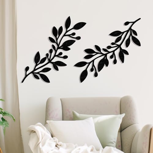 Zzbakress 2 Pcs Colorful Tree Leaf Wall Art Decor Vine Home Wall Decoration Olive Branch Leaf Wall Decor Large Wall Decor for Bedroom, Living Room, Wall Sculptures Indoor Outdoor (Black) - color: Black