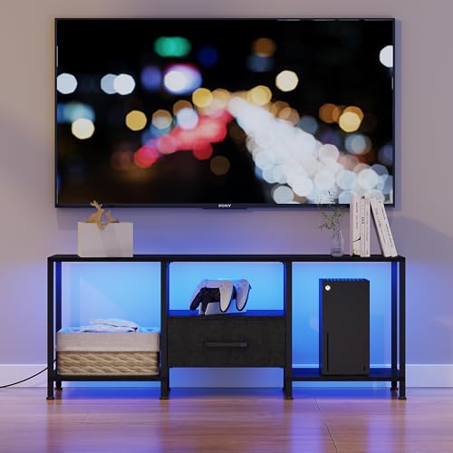 JARHETUN TV Stand with LED Lights, Entertainment Center with Open Shelves and Fabric Drawer, Media Console for 55 Inch TV, Television Stands for Living Room, Bedroom, Black - color: Black With Led Light, size: 46.1 Inches