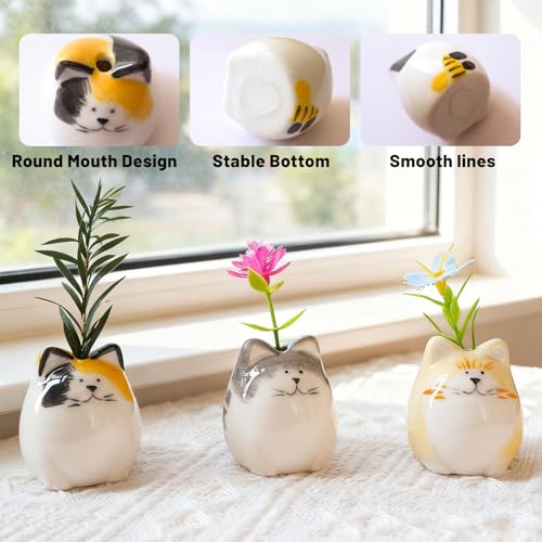 MOUGIGI 3PCS Mini Flower Vases–Unique Small cat vase-Cute Ceramic Bud Vases for Single Stem Flowers & Cat Whisker-Home Decor for Desks & Bookshelves-Ideal Gift for Cats Lovers & Flower Enthusiasts - color: 3 Pcs Painted Cat Vase