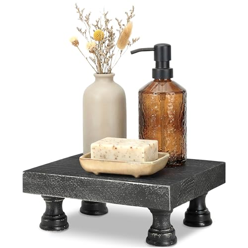 EOSAHR Stylish Rustic Pine Wood Riser Display Stand for Home Decor - Boho Pedestal Stand Can be used as Plant Stand & Cake Stand - Farmhouse Decor Bathroom Accessories Essentials(Old Black) - color: Old Black