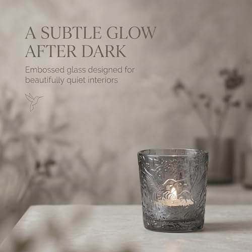 12 Pack Hummingbird Embossed Glass Candle Holders – Votive Tealight Holders with Patent Design, Decorative Embossed Glass Cups for Wedding Centerpieces, Parties, and Home Décor (Smoky Quartz) - color: Smoky Quartz