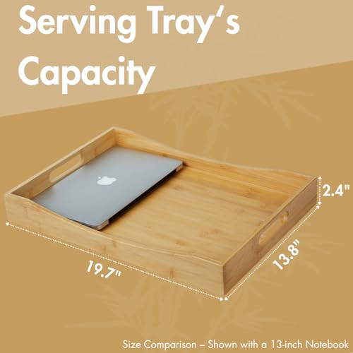 Gobam Bamboo Serving Tray with Handles, 19.7 x 13.8 inch Rectangular Decorative Tray for Entryway, Kitchen, Dining & Living Room, Large Wooden Breakfast Trays for Bed, Coffee Table & Ottoman - color: Natural, size: 19.7" x 13.8" x 2.4"