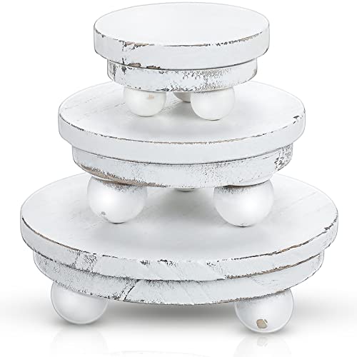 Amyhill 3 Pcs 5/4/3 Inch Wooden Risers for Display Wood Pedestal Stand Mini Tray Stand Round Wooden Pedestal Holder Rustic Buffet Cake Riser for Decor Tiered Tray Decor Home Kitchen(Washed White) - color: Washed White, size: 5/4/3 Inch