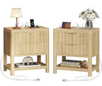 Huuger 27.6 Inch Tall Night Stands with Charger Station, USB-C Port, Fluted Nightstand Set of 2, Larger Wider Bed Side Table with 2 Deep Drawers, Open Shelf, Bedroom Living Room End Table, Natural