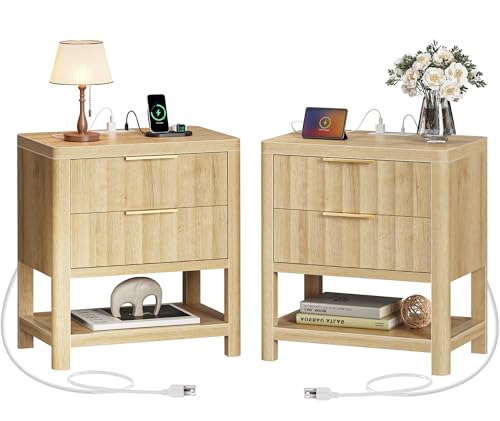 Huuger 27.6 Inch Tall Night Stands with Charger Station, USB-C Port, Fluted Nightstand Set of 2, Larger Wider Bed Side Table with 2 Deep Drawers, Open Shelf, Bedroom Living Room End Table, Natural