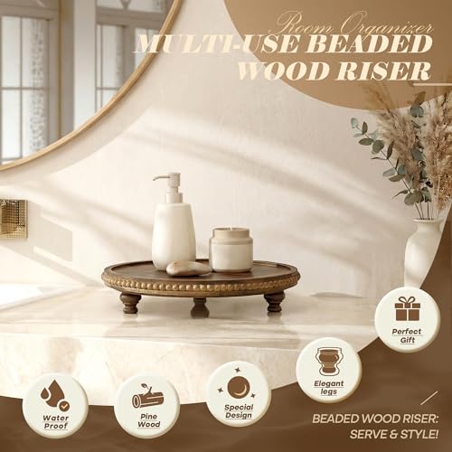 EOSAHR Acacia Wood Beaded Round Display Riser for Room Decor – 3-Leg Wooden Pedestal Stand for Coffee Table Decor, Cake Stand, Perfume & Vanity Organizer – Boho Home Decor for Kicthen Counter (Acacia Wood) - color: Acacia