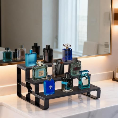 Wood Perfume Organizer for Dresser,3 Tier Black Cologne Stand,Cologne Organizer for Men,Wooden Display Risers Stand for Bathroom,Makeup,Cupcake,Bedroom Decor(Black,Width=11.2") - color: Black, size: 3 Tiers-width=11.2"