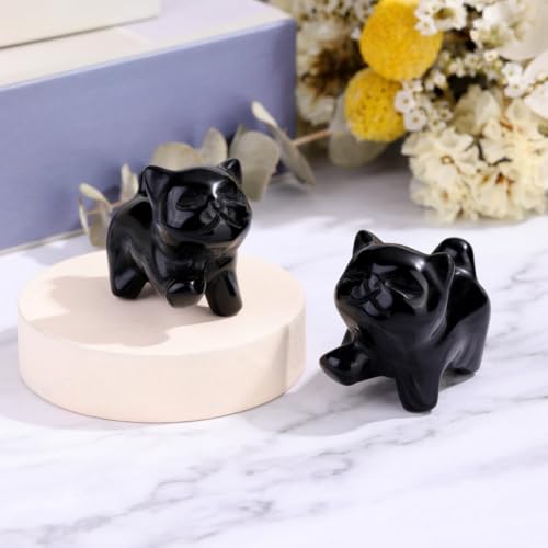 Top Plaza 1 PC Black Obsidian Crystal Cute Cat Figurine Gifts Carved Healing Lucky Home Decor Natural Gemstone Cats Collectibles Pocket Sculpture for Cat Lovers - color: Black Obsidian