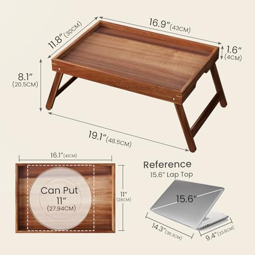 Fibogollo Acacia Wood Bed Tray Table with Folding Legs,Breakfast Trays with Built-in Handles,Serving Tray for Food and Snack,Laptop Trays for Working