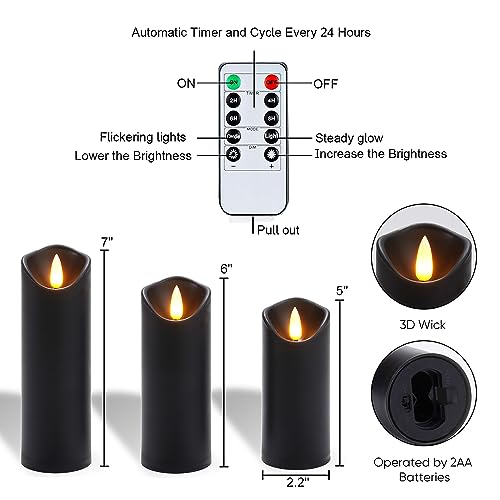 Homemory Black Flameless Candles, Halloween Candles, Battery Operated Candles, LED Pillar Candles with Remote Control and Timers, Set of 9 - color: Black