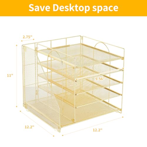LEKETREE Desk Organizers and Accessories, 5-Tier Paper Letter Tray Organizer with File Holder, Desktop Organizer for Office Supplies (Gold) - color: Gold, size: 12" x 12" x 12"