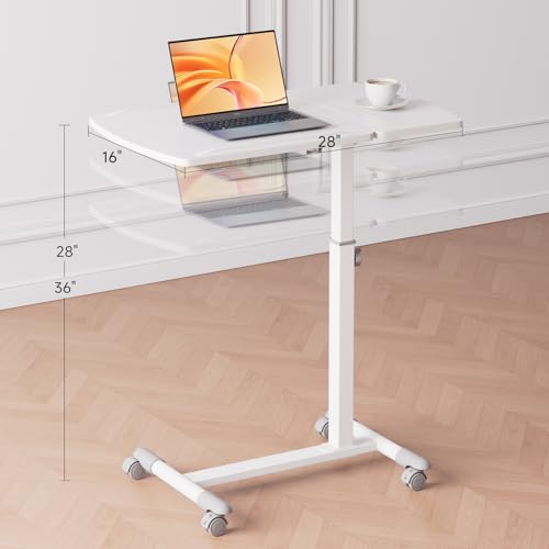 GTPLAYER Mobile Small Standing Desk, Tiltable Sit Stand Portable Rolling Laptop Desk with Lockable Wheels, Adjustable Height Overbed Bedside Table Computer Workstations, White - size: 28x16in (Tiltable)