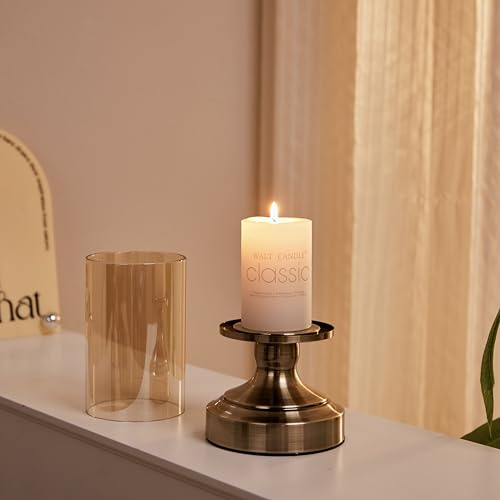 Brass Hurricane Candle Holder with Glass Lid, Anti-Tip Pillar Candle Holder for Wedding Dining Party Table Centerpiece, Elegant Home Decor