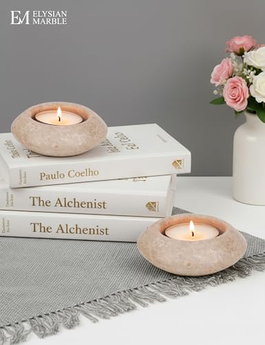 Tealight Candle Holders Set of 2 – Handcrafted Natural Marble Tea Light & Votive Holders, Decorative Stone Candle Holder Pair for Home Décor, Dining Table, Coffee Table & Wedding Decor - color: Travertine, size: 3" Inches