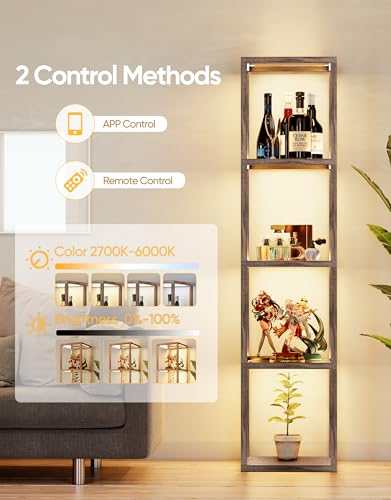 PARTPHONER Floor Lamp Glass Display Shelf with Remote/APP Control, Dimmable LED Floor Lamp with Shelves, Open Display Cabinet, Color Temp Control (2700K-6000K), Oak Gray - color: Gray