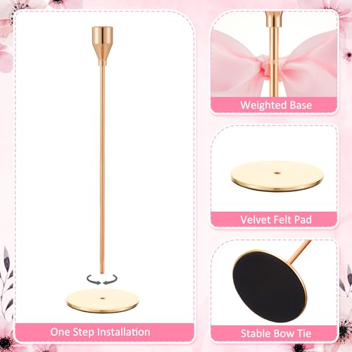 Mumufy 3 Pcs Gold Taper Candle Holder with Pink Christmas Bow Coquette Room Decor Candle Sticks Holder Fits LED Candles, Table Centerpiece Decor for Christmas Wedding Party