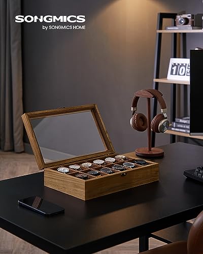 SONGMICS 12-Slot Watch Box, Watch Display Case with Large Glass Lid, Removable Watch Pillows, Velvet Lining, Gift Idea, Rustic Walnut UJOW120K01 - color: Rustic Walnut, size: 1 Layer 12 Slot