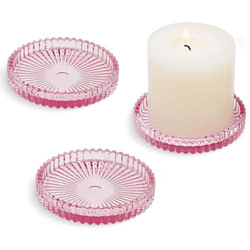 Glass Pillar Candle Holder, 4" Pink Candle Plates Set of 3, Glass Candle Holders for Wedding, Party, Holiday, Home Decor, Table Centerpiece - color: Pink, size: 3 pcs
